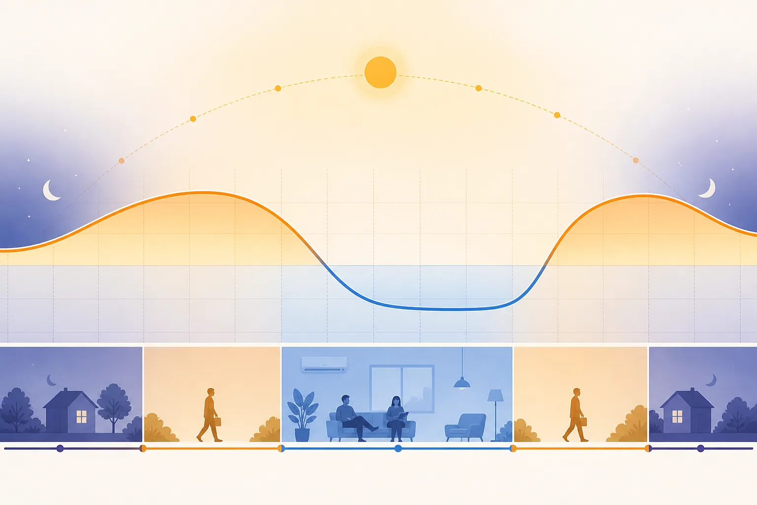 Illustration of a 24-hour home temperature schedule with cooler occupied hours and warmer away hours