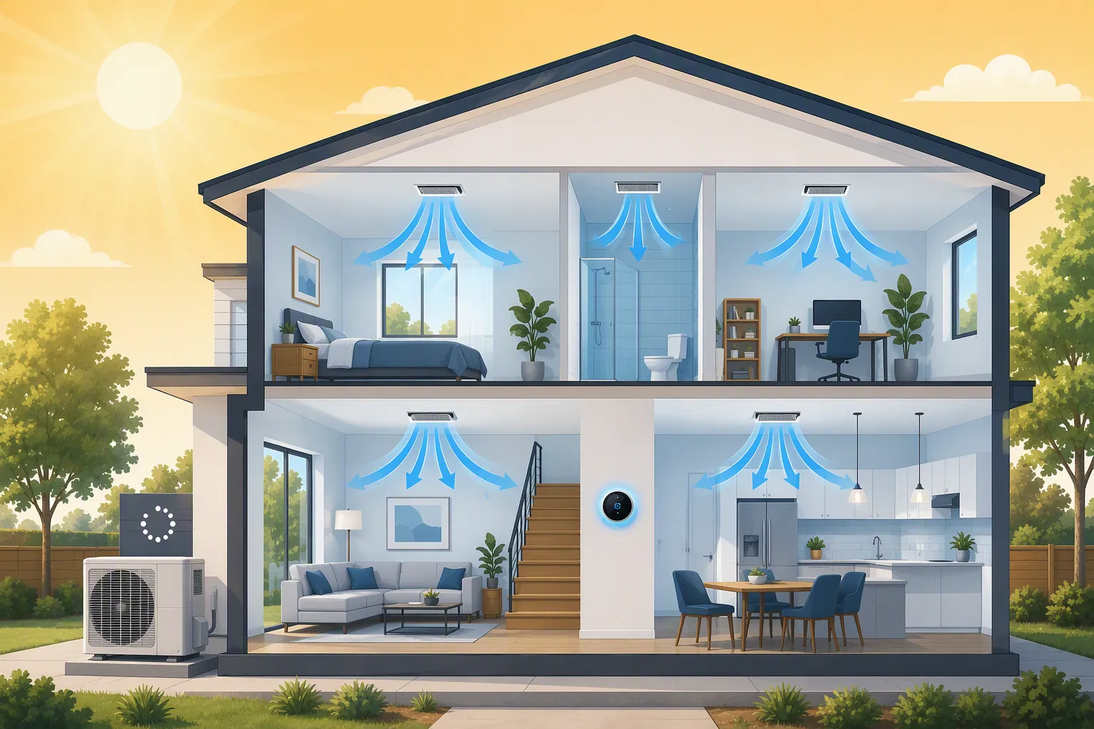 Illustration of a house during a hot day showing the Airwave cooling cycle with the outdoor compressor idle and cool airflow moving through rooms