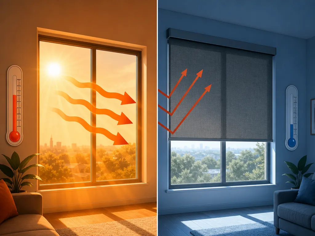 Automated insulating shades blocking solar heat gain compared with an uncovered window