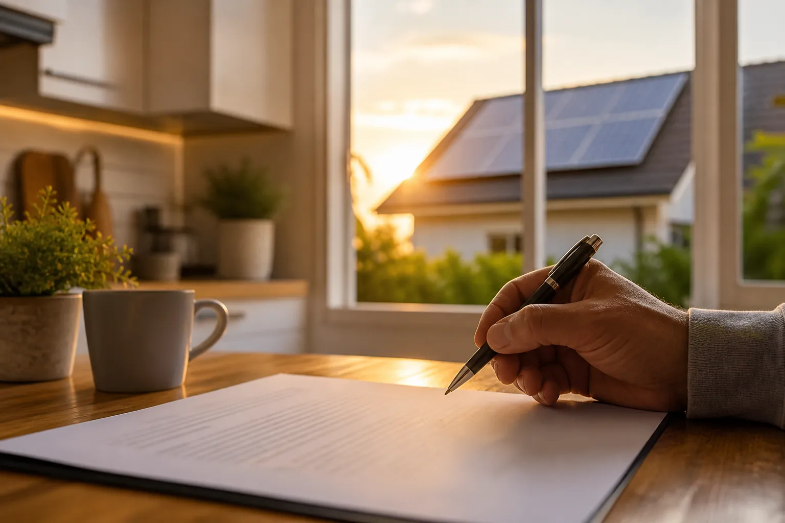 Homeowner holding a pen over a solar purchase agreement with rooftop solar visible through a window