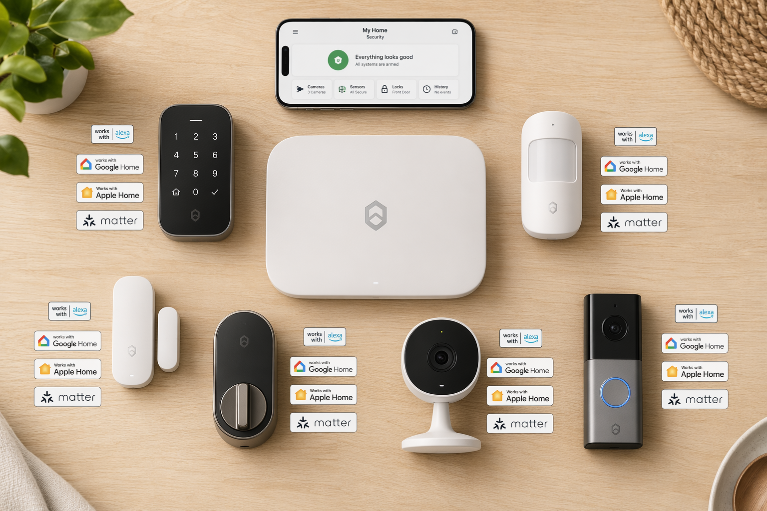 A flat-lay composition on a light wood surface showing a smart home security hub at center, surrounded by a keypad, contact sensors, motion detector, smart lock, indoor camera, and video doorbell. Small Alexa, Google Home, Apple HomeKit, and Matter badges are placed near each component, and a smartphone mockup sits at the top.