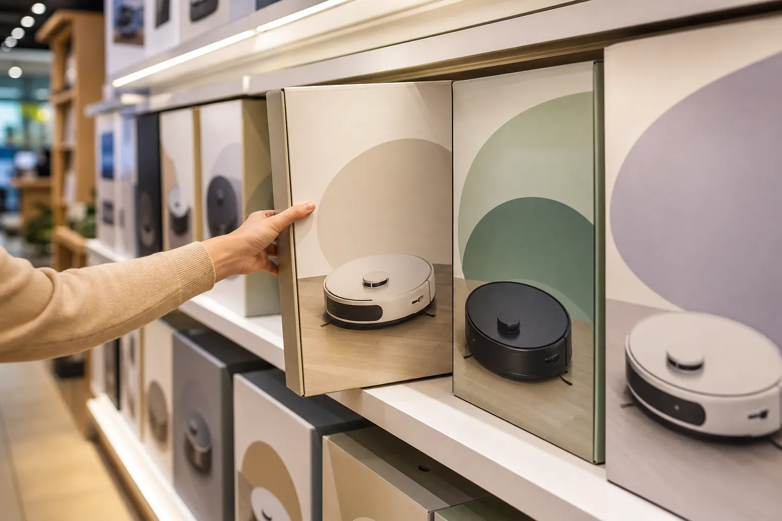 Retail aisle with robot vacuum boxes on shelves and a shopper reaching toward one box