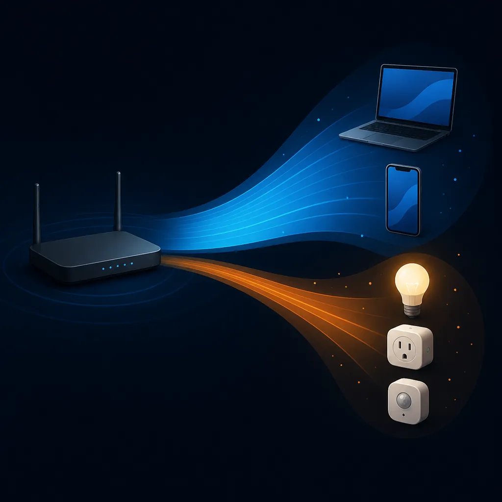 Dual-band Wi-Fi illustration showing one band for phones and laptops and another for smart-home devices