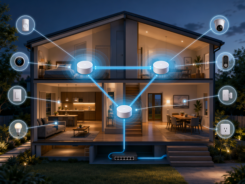 Two-story home with Wi-Fi mesh nodes linked by Ethernet backhaul and smart devices connected nearby