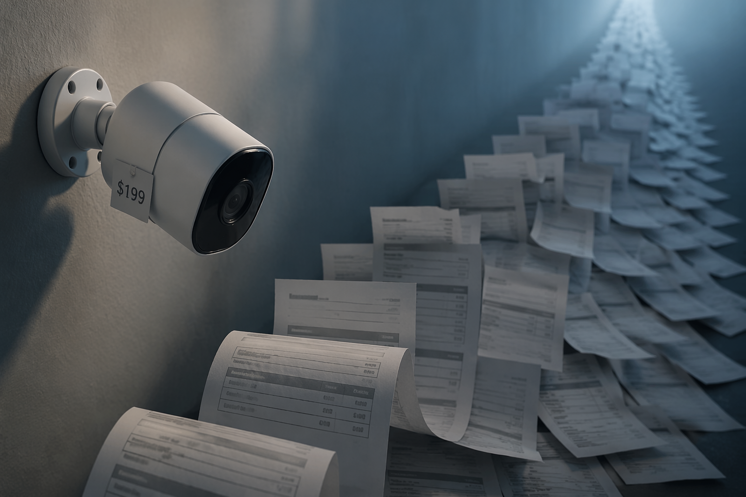 Smart security camera with a visible price tag and a trail of monthly subscription invoices