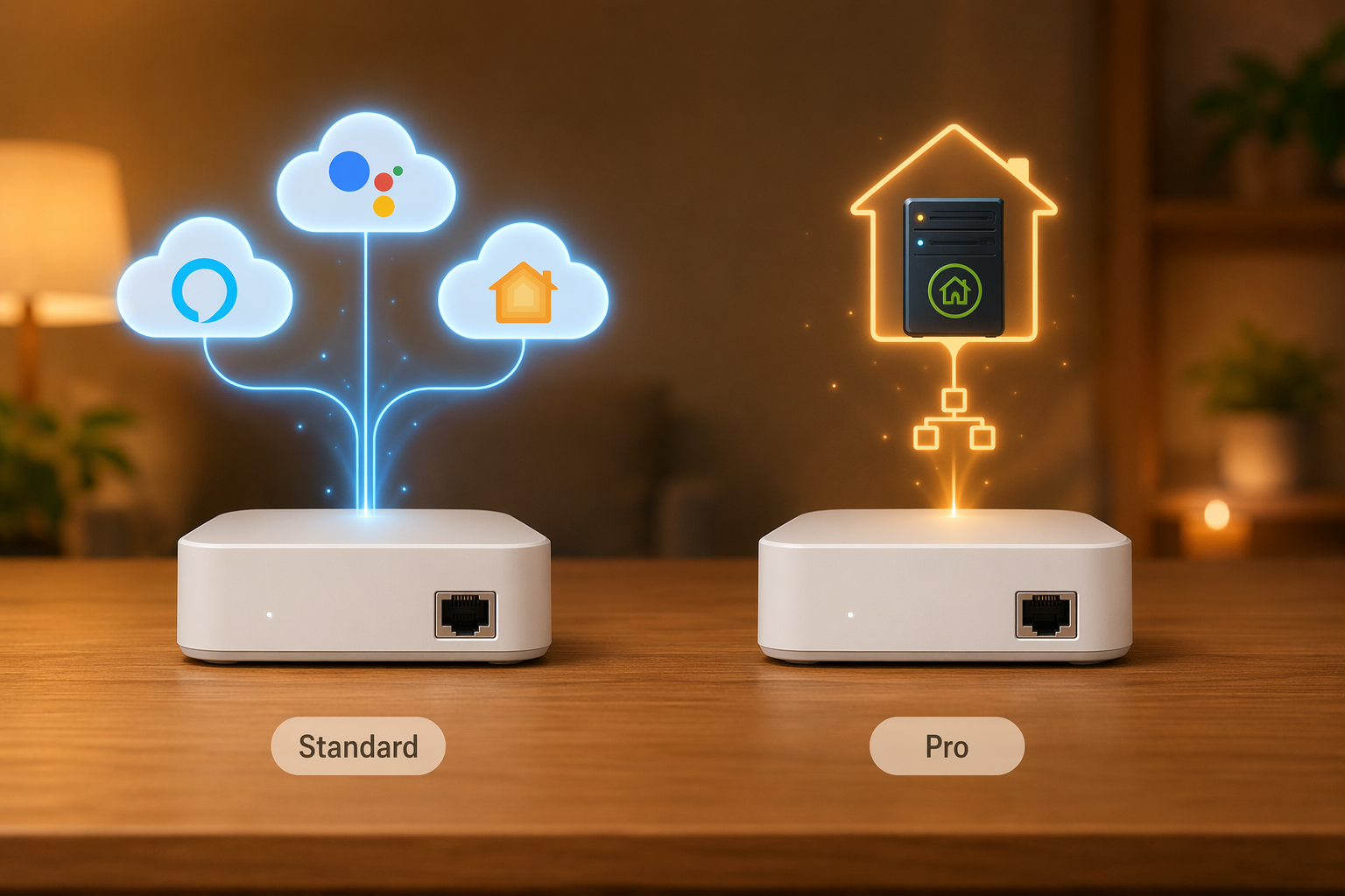 Two nearly identical white smart home hubs labeled Standard and Pro, showing cloud voice-assistant integrations on one side and local server integrations on the other