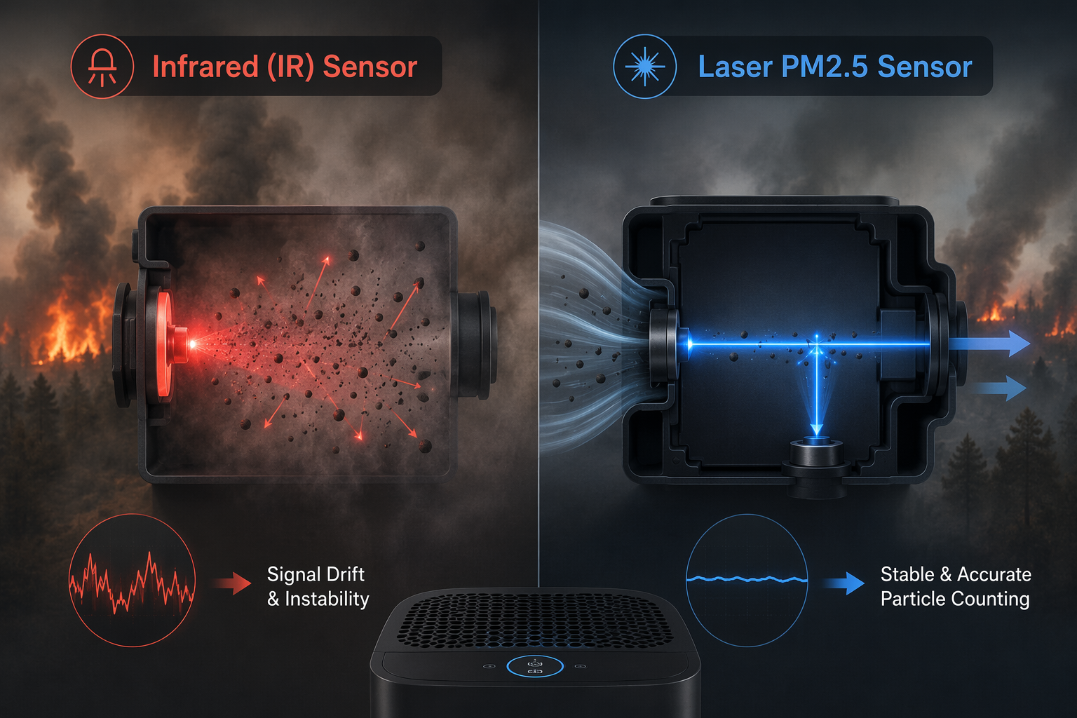 Diagram comparing infrared and laser PM2.5 air purifier sensors under heavy smoke