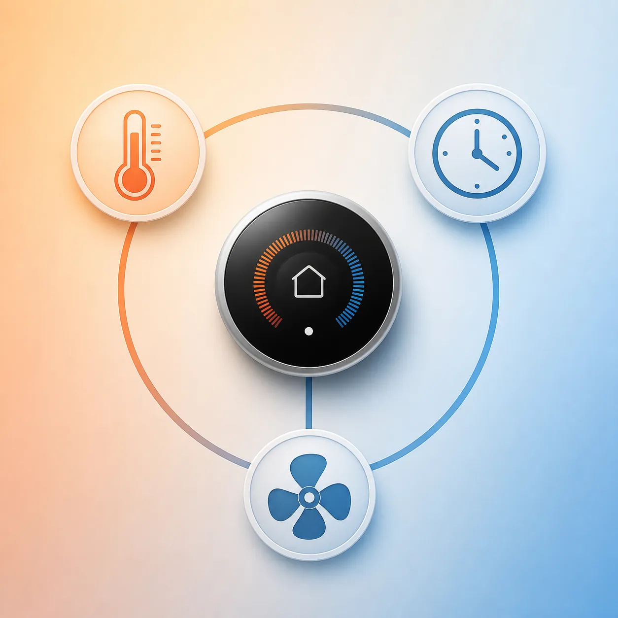 Thermostat linked to thermometer, clock, and fan icons as one coordinated system