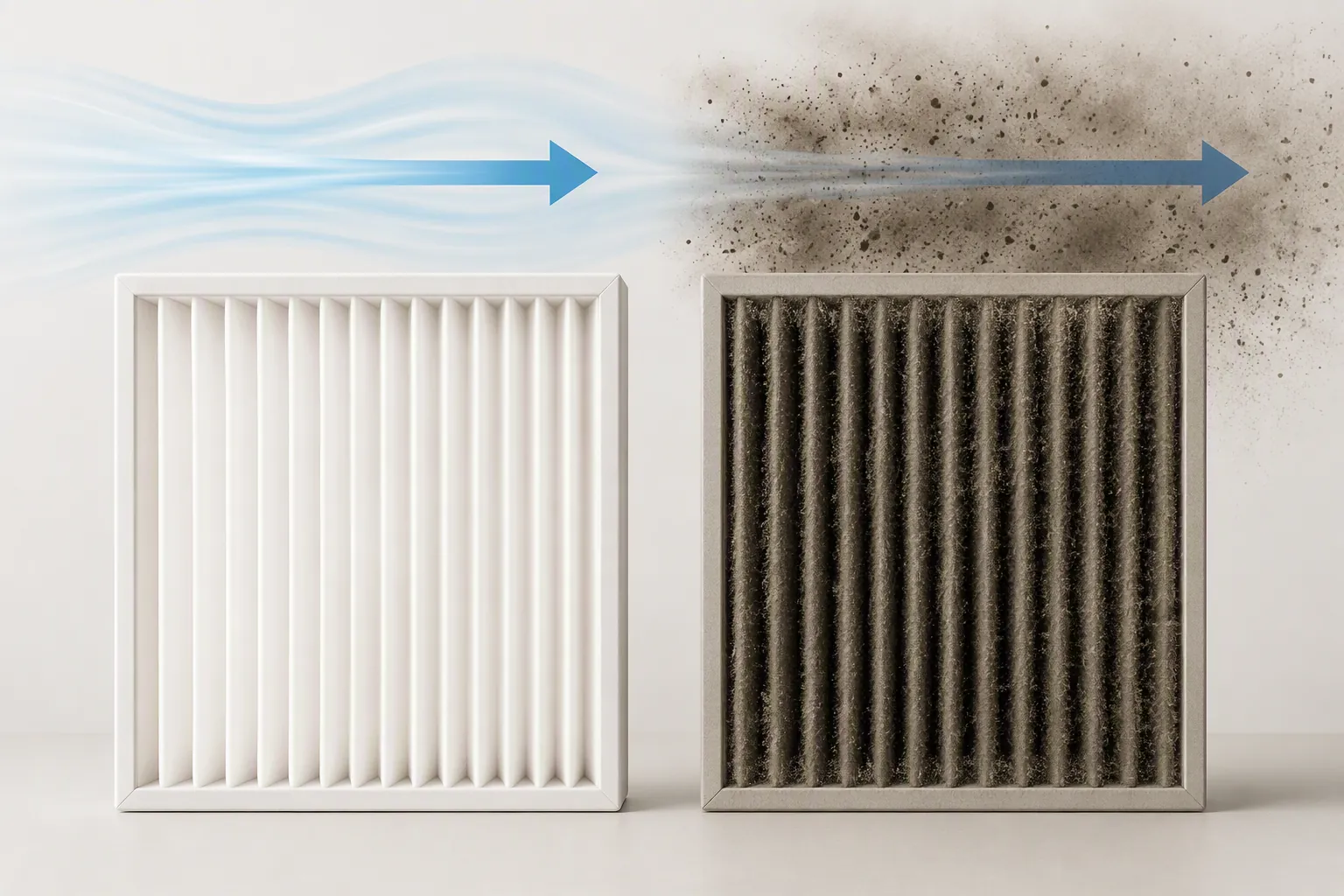Clean filter beside a smoke-darkened clogged filter with airflow arrows