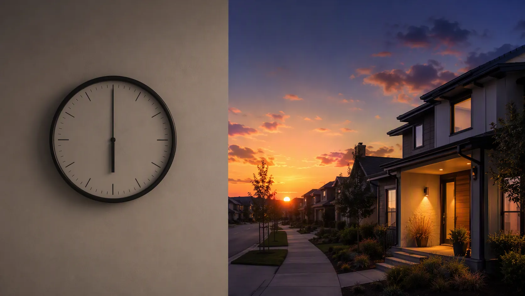 Analog wall clock beside a smart home porch light at dusk, contrasting fixed time with actual daylight