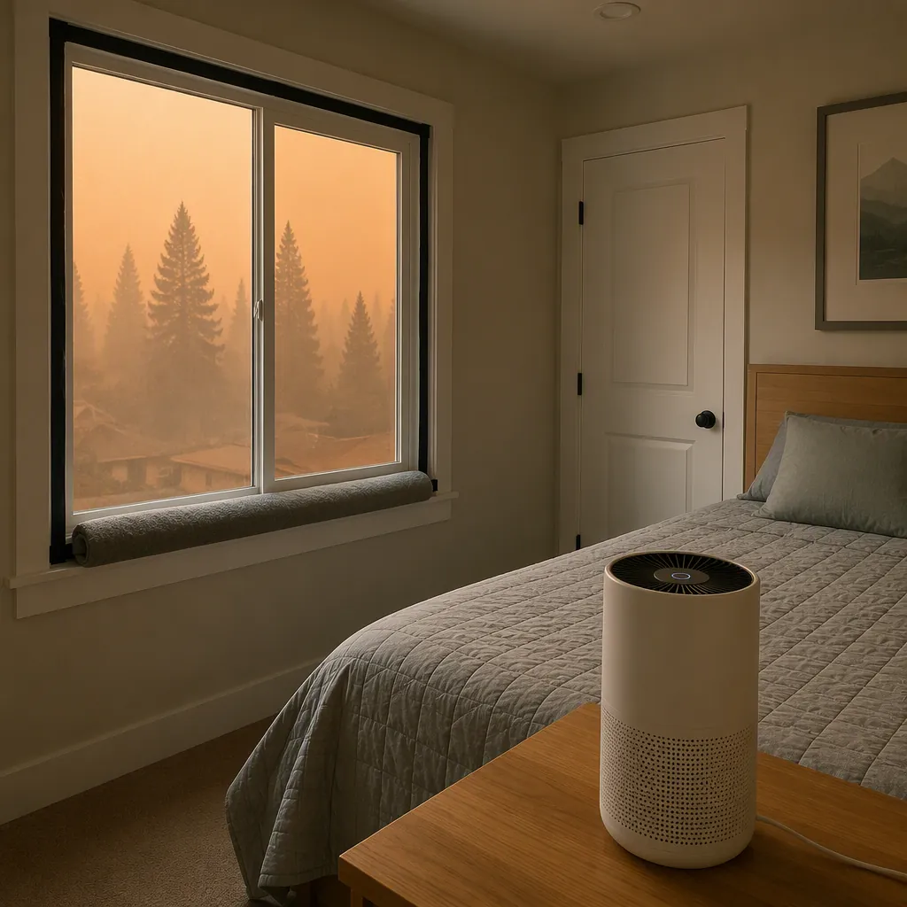 A sealed bedroom clean room with taped window gaps and a portable air purifier running