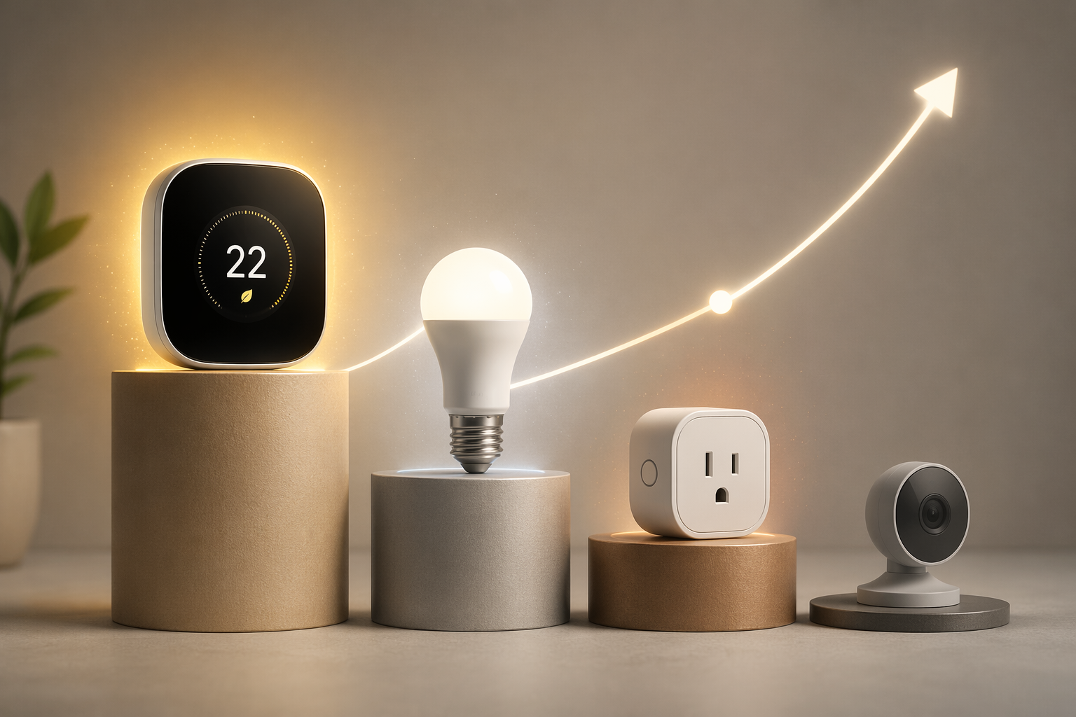 Smart thermostat, smart LED bulb, smart plug, and security camera arranged as an energy-saving purchase ladder