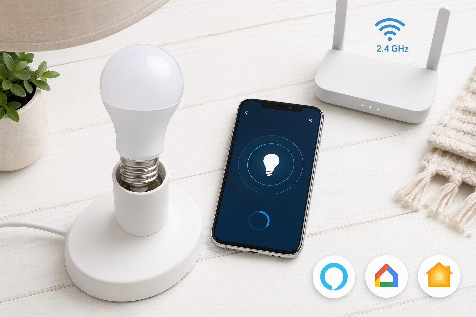 A flat lay on a white wooden surface showing a smart LED bulb partially screwed into a table lamp, a smartphone displaying a smart bulb app pairing screen, a small Wi-Fi router icon labeled '2.4 GHz,' and three voice assistant icons (Alexa, Google Home, Apple Home).