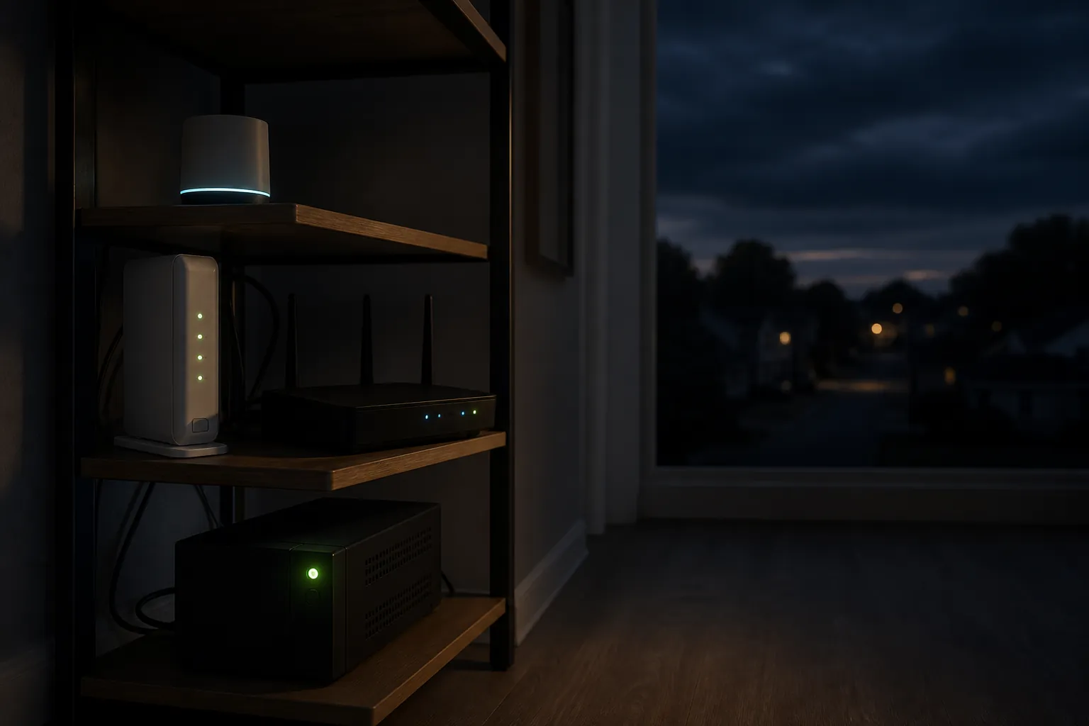 A small UPS keeps a modem, router, and smart-home hub powered during a neighborhood outage