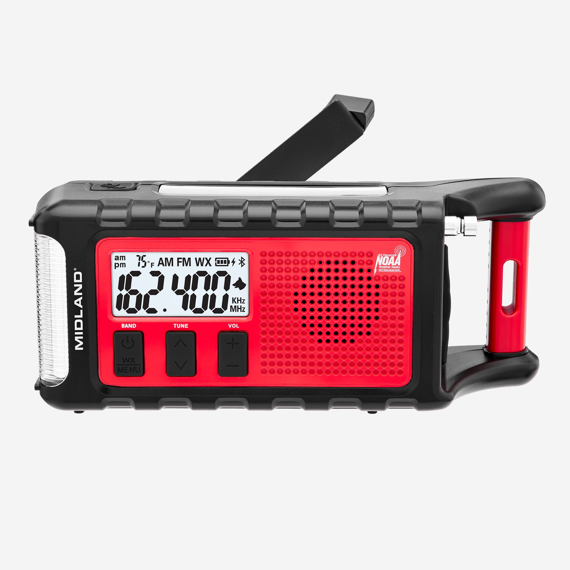 Midland ER310PRO portable emergency weather radio with display, speaker grille, controls, hand crank, and flashlight