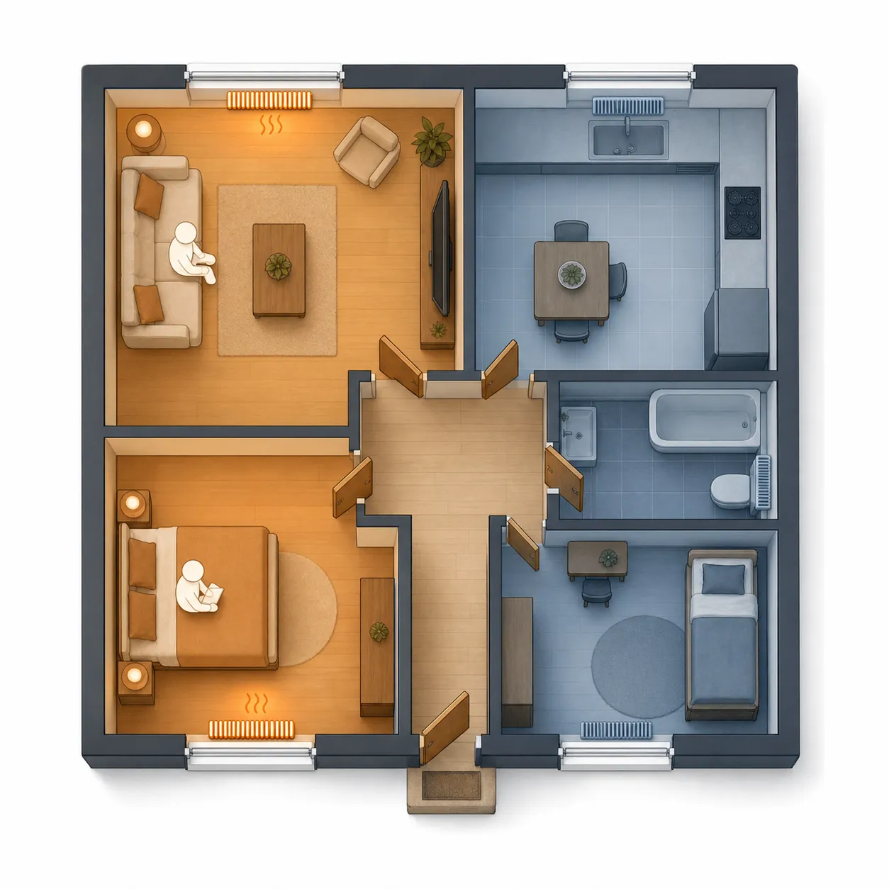 Floor plan showing occupied living areas heated while unused bedrooms, bathroom and hallway remain cooler