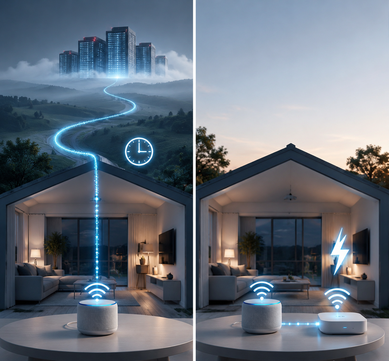 Side-by-side diagram comparing a cloud-routed smart home command with a short local hub connection