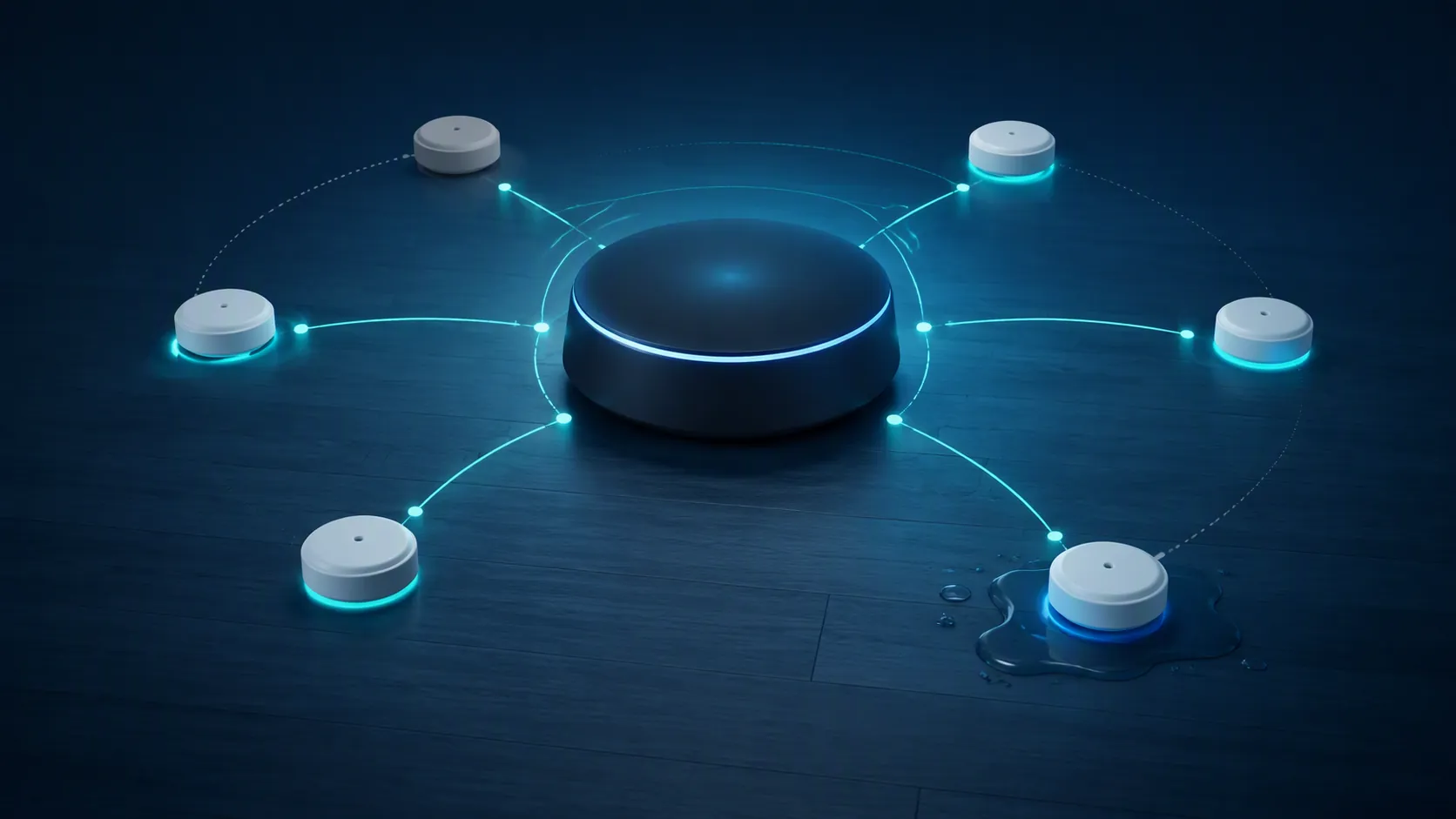 Central smart-home hub connected wirelessly to leak-sensor pucks, including one beside a water droplet and damp patch