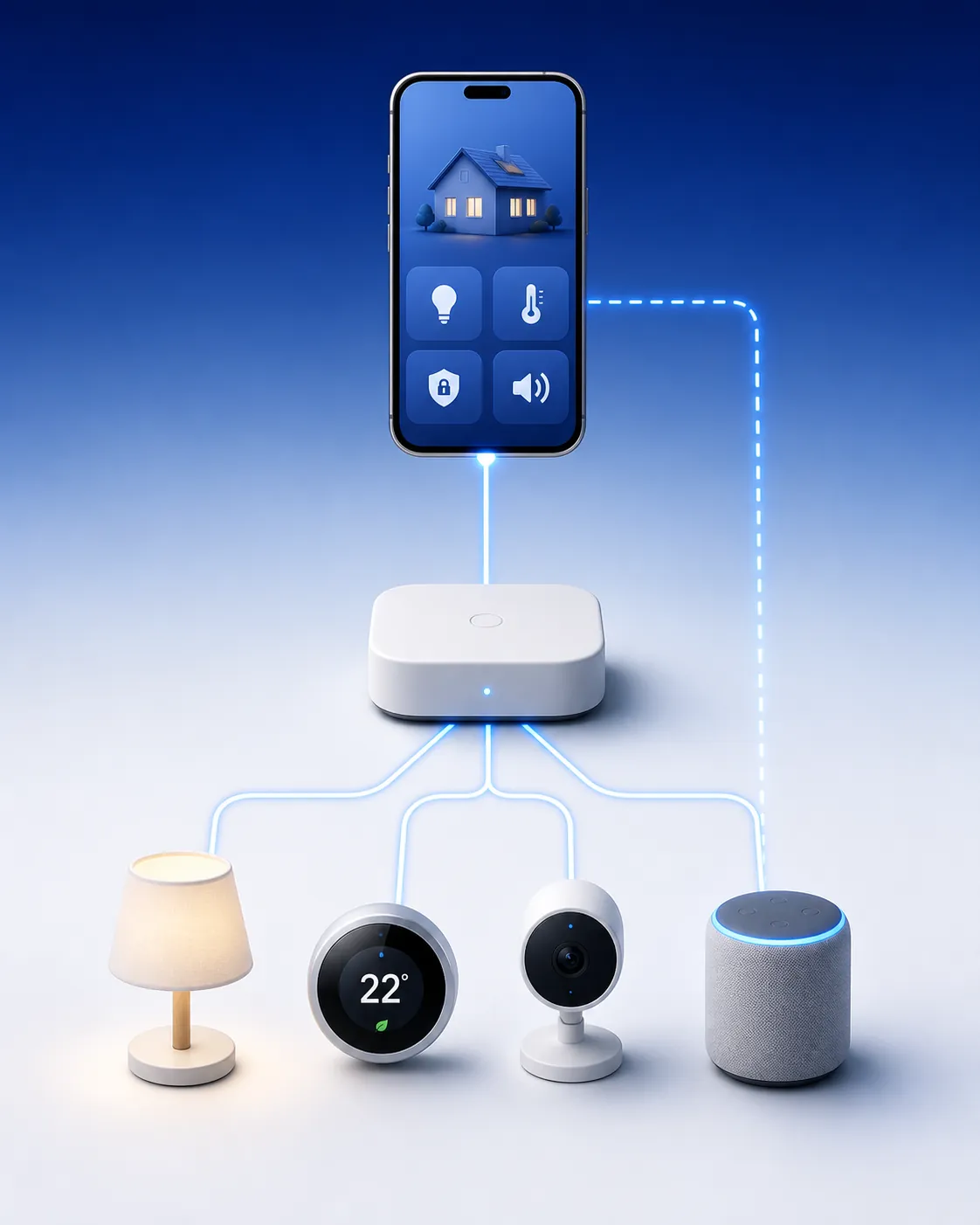 Smartphone controller connected to a smart home hub and several smart home devices