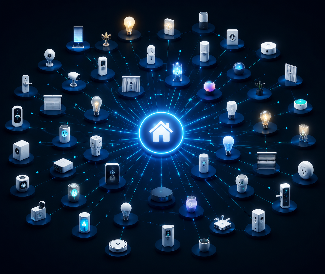 Smart home hub connected to many device categories including lights, locks, sensors, cameras, thermostats, switches, speakers, and a robot vacuum