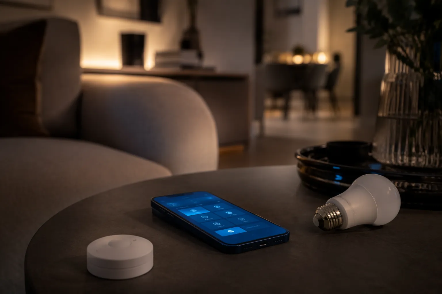 Dark iPhone 18 Pro Max beside a smart bulb and Thread sensor with the Home app open
