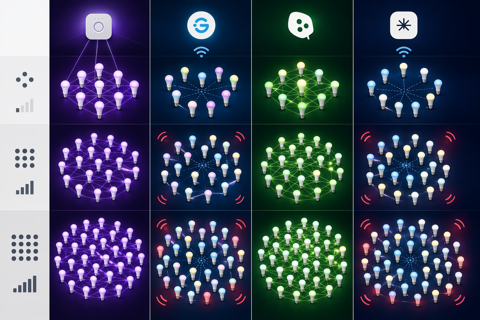 Philips Hue, Govee, Nanoleaf, and WiZ compared across 10, 20, and 30 bulb deployments