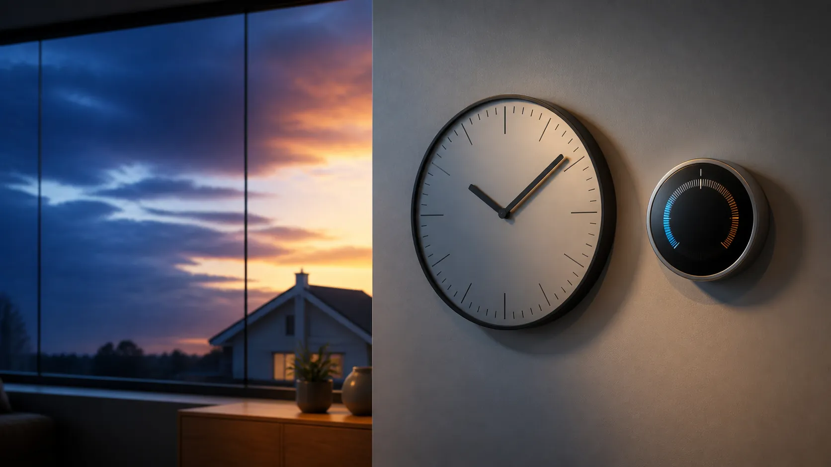 A wall clock and smart thermostat beside a window showing pre-dawn blue and sunset gold