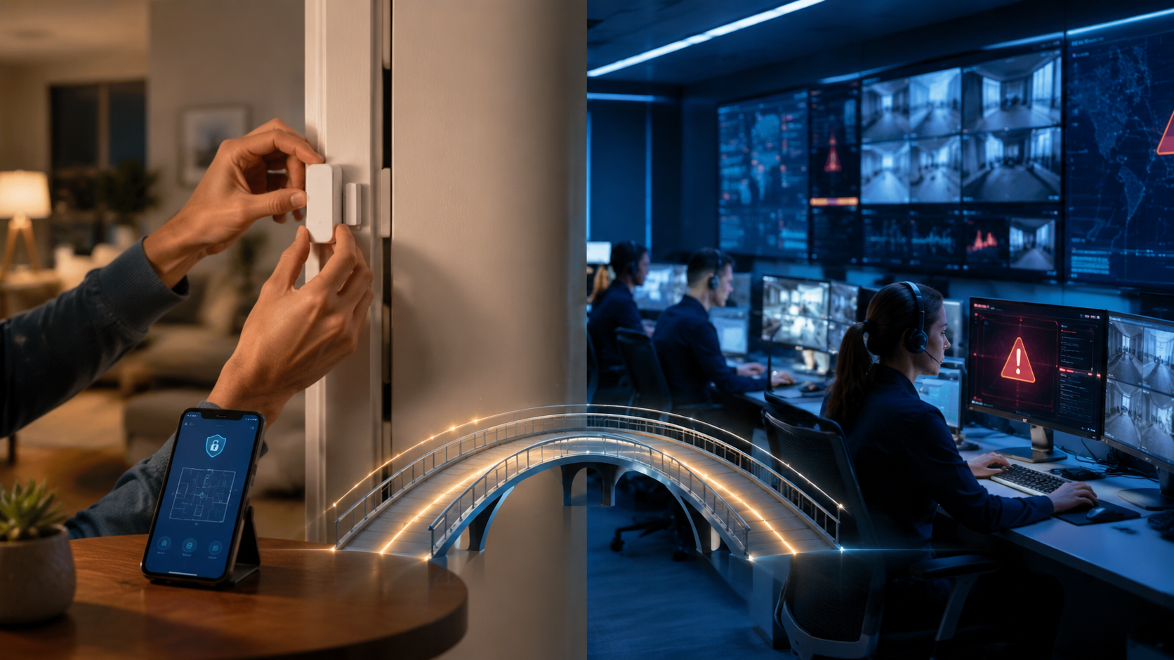 DIY sensor installation and a professional monitoring center connected by a hybrid security path
