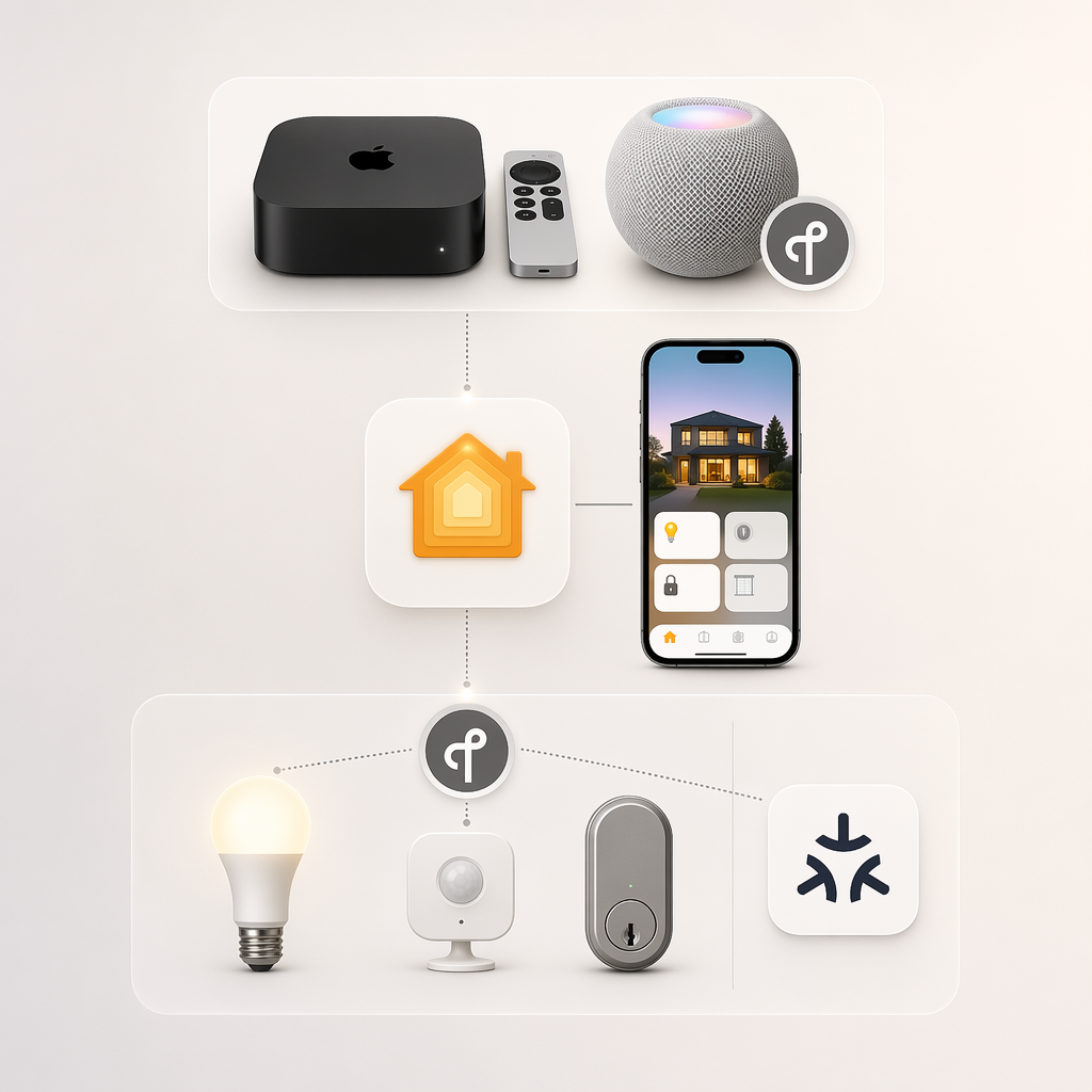 An illustration showing the Apple HomeKit ecosystem with Thread and Matter integration: an Apple TV 4K and HomePod mini with Thread border router badges at the top, a HomeKit hub icon connected to a Home app interface in the middle, and Thread-enabled devices and a Matter logo at the bottom.