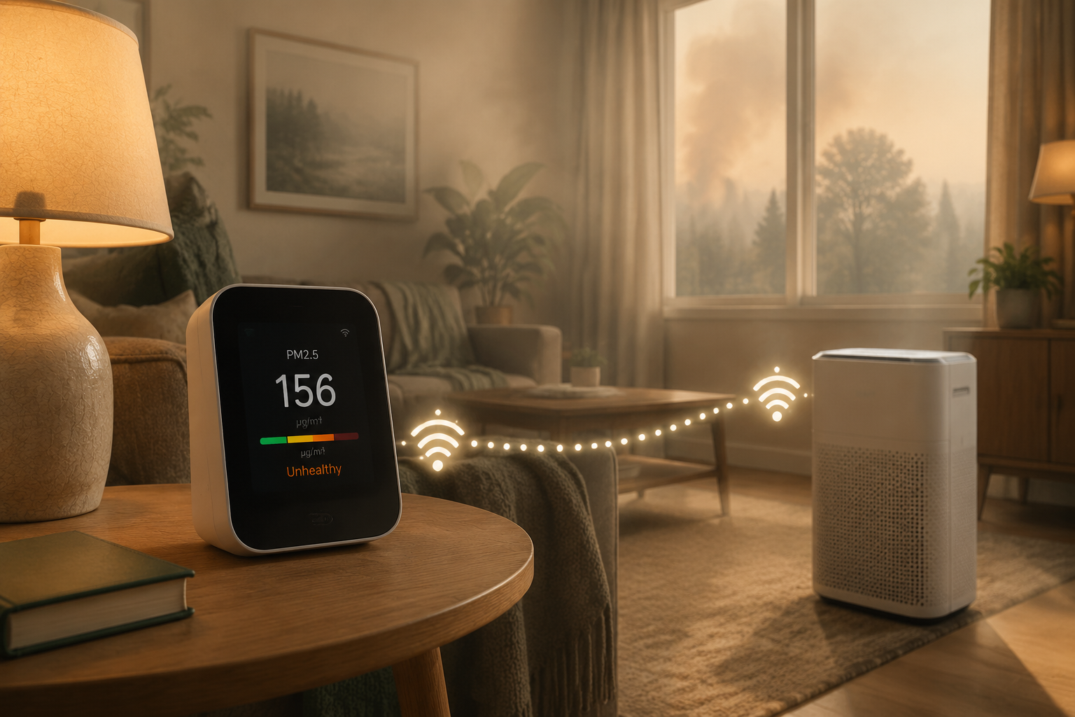 Smart air quality monitor detecting elevated PM2.5 while an air purifier runs across a smoky living room