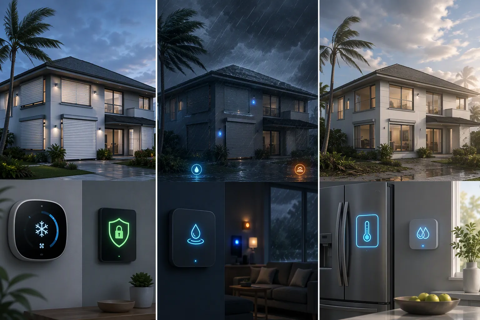 Triptych of a smart home before, during, and after a storm with shutters, thermostat, sensors, refrigerator monitor, and humidity indicator