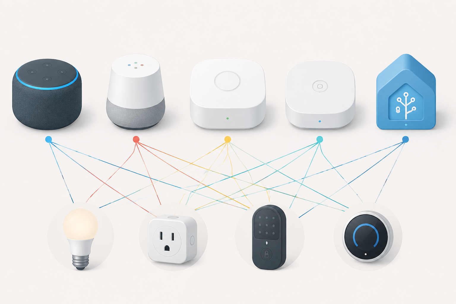 Five smart home hub icons connected to bulb, plug, lock, and thermostat icons