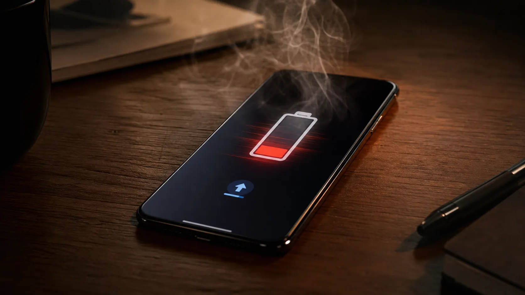 Flagship smartphone on a desk showing rapid battery drain after a system update