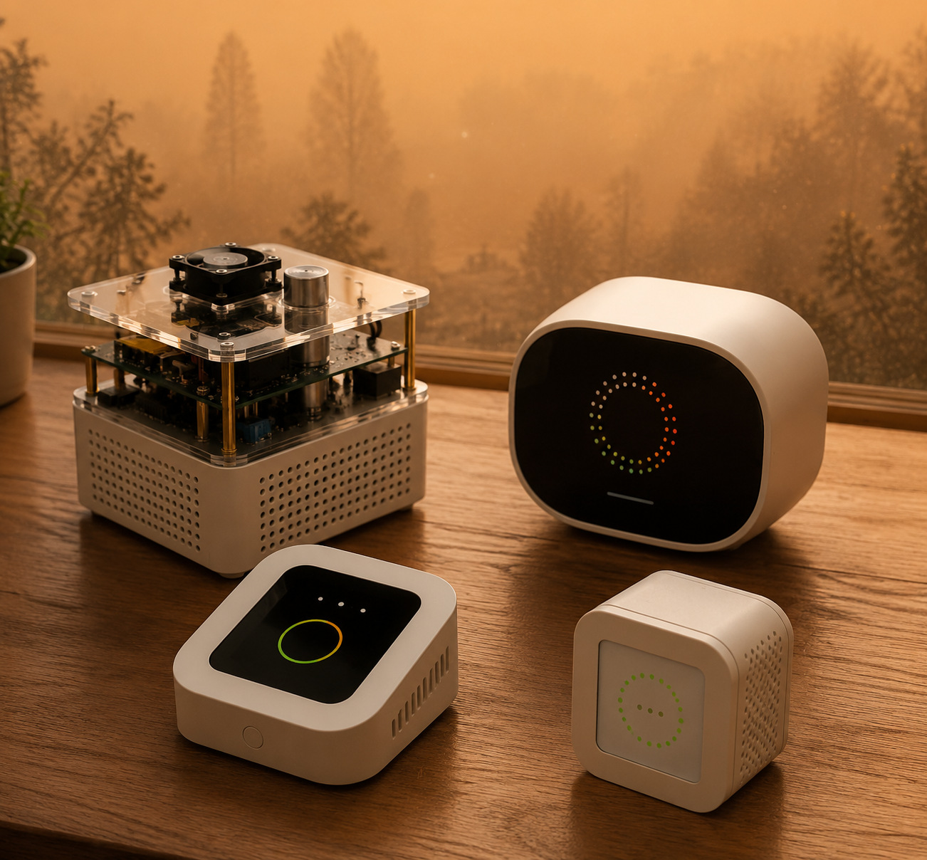 Four different air quality monitors arranged on a wooden surface for comparison