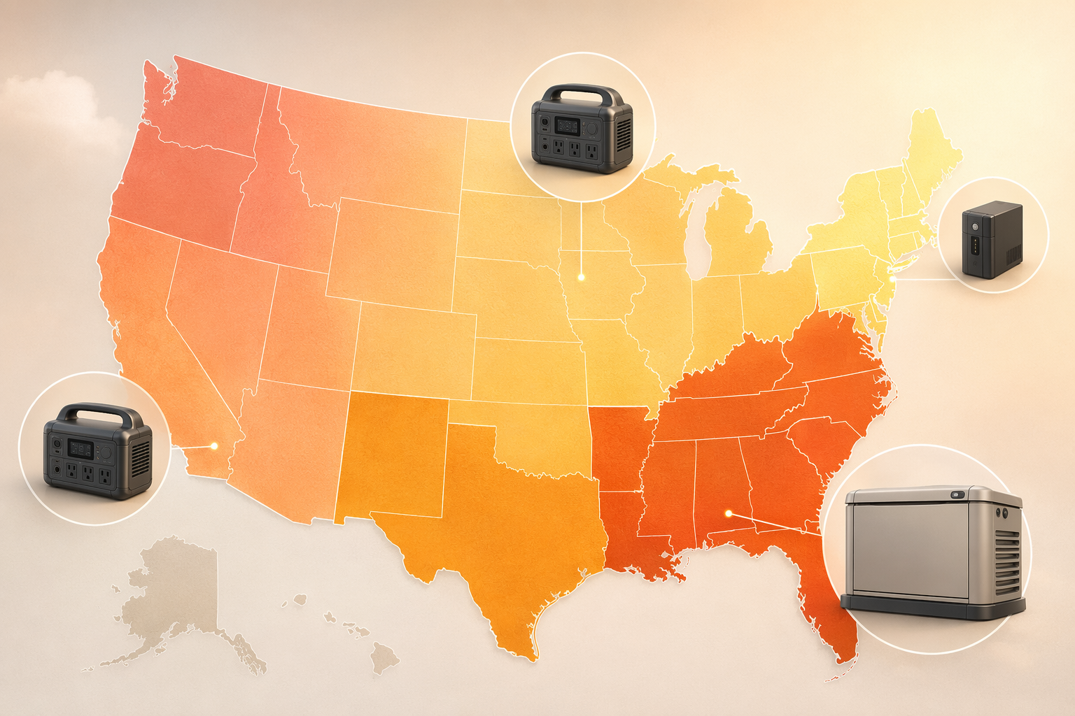 Color-coded United States map showing regional outage duration and matching backup device types