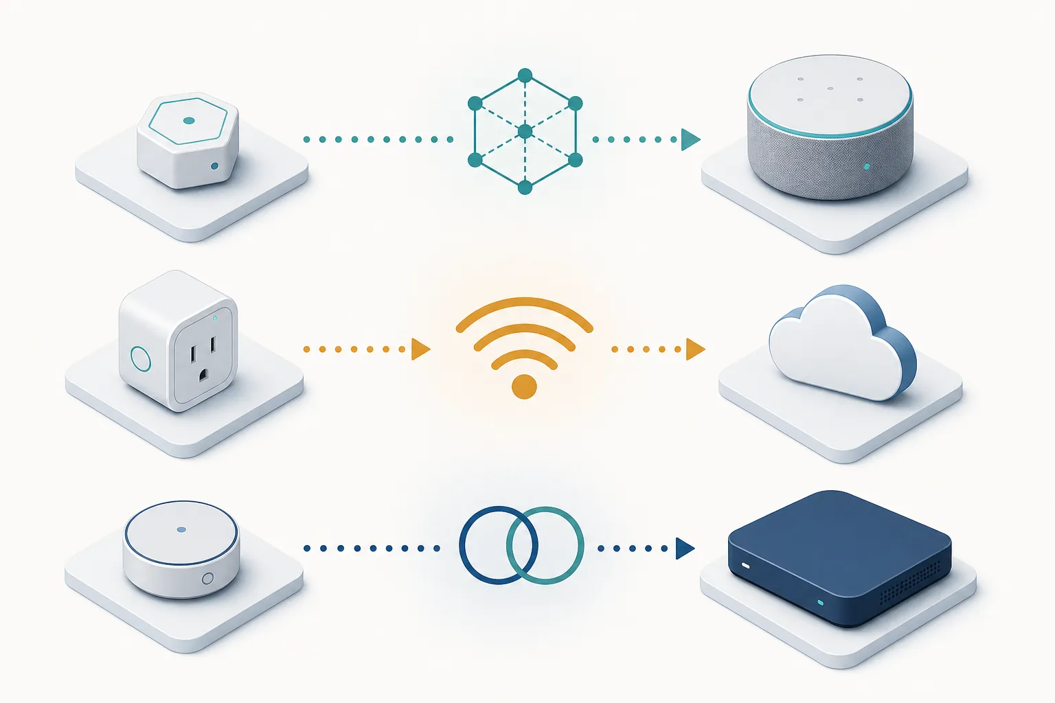 Protocol routing map comparing Zigbee hub, Wi-Fi smart plug, and Thread border router paths