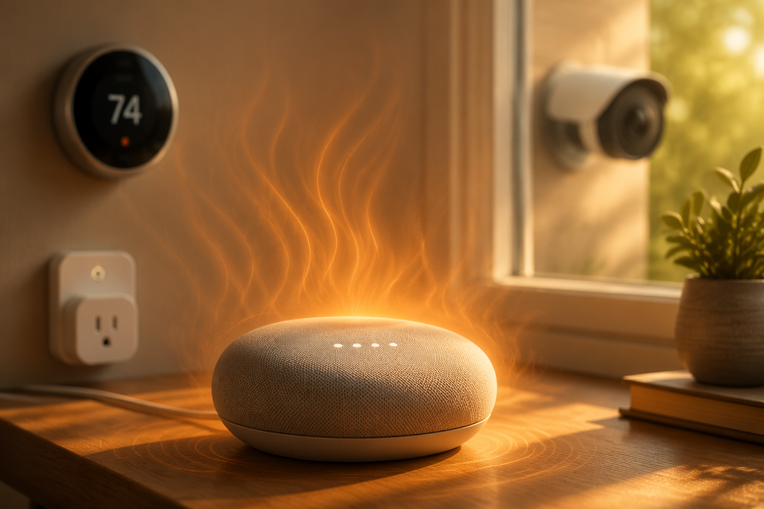 Smart home hub near a sunlit window with thermostat, outdoor camera, and smart plug in the background