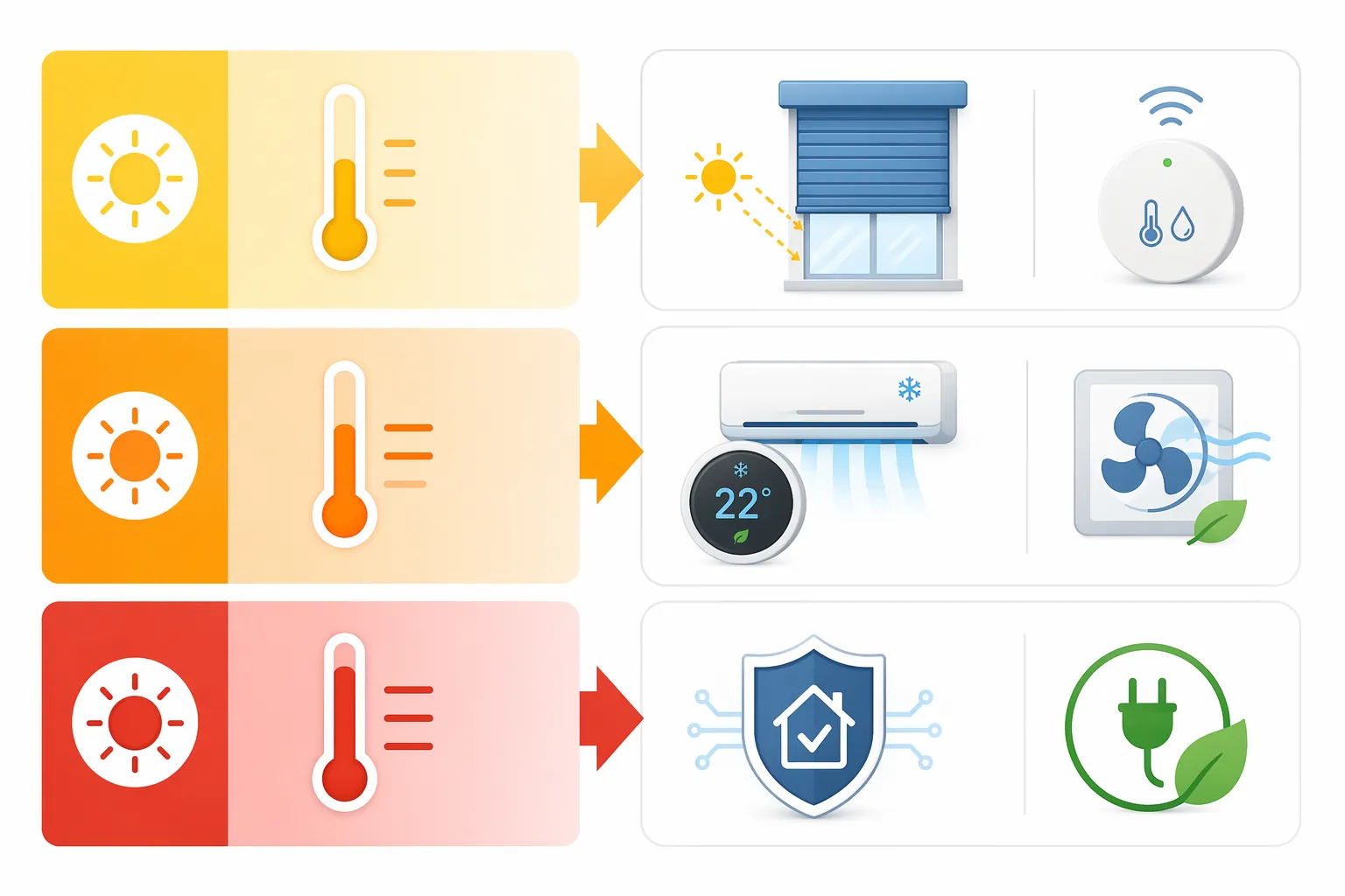 Diagram showing yellow, orange, and red heat warning tiers mapped to smart-home actions for shutters, cooling, and protection