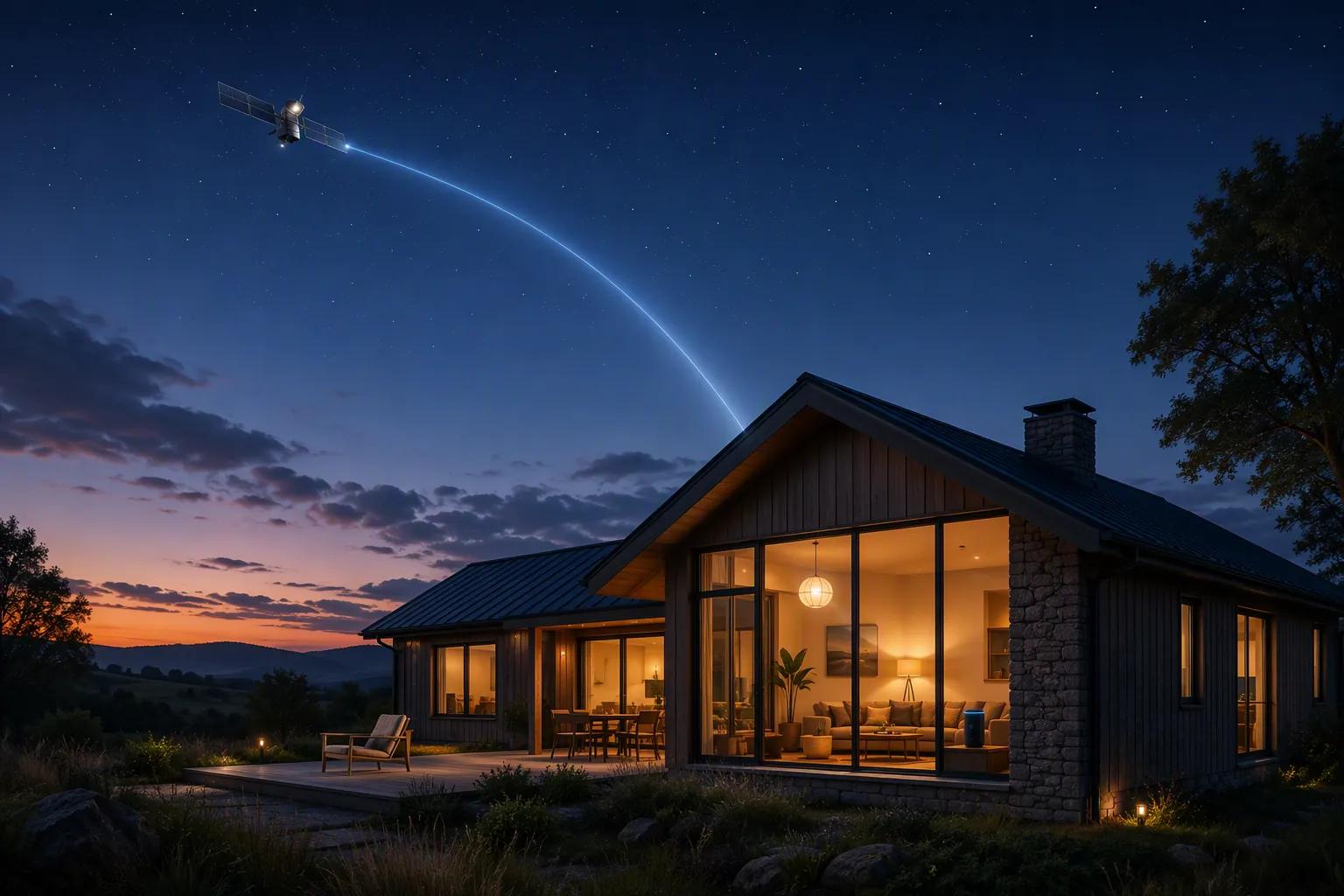 Rural house at dusk with a satellite broadband connection reaching toward a smart home