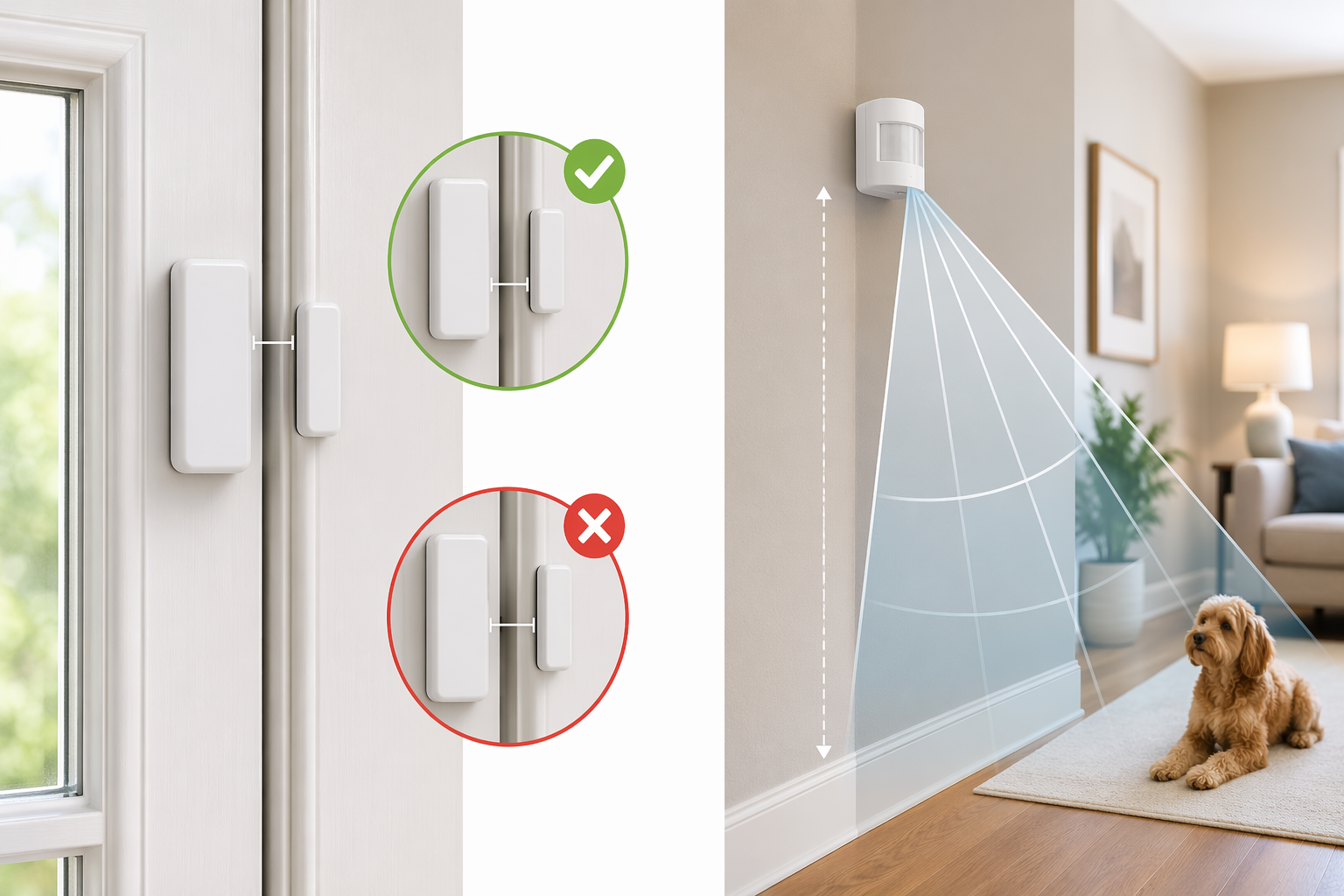 Diagram of a door contact sensor aligned under one quarter inch and a wall-mounted PIR motion sensor aimed to avoid pets
