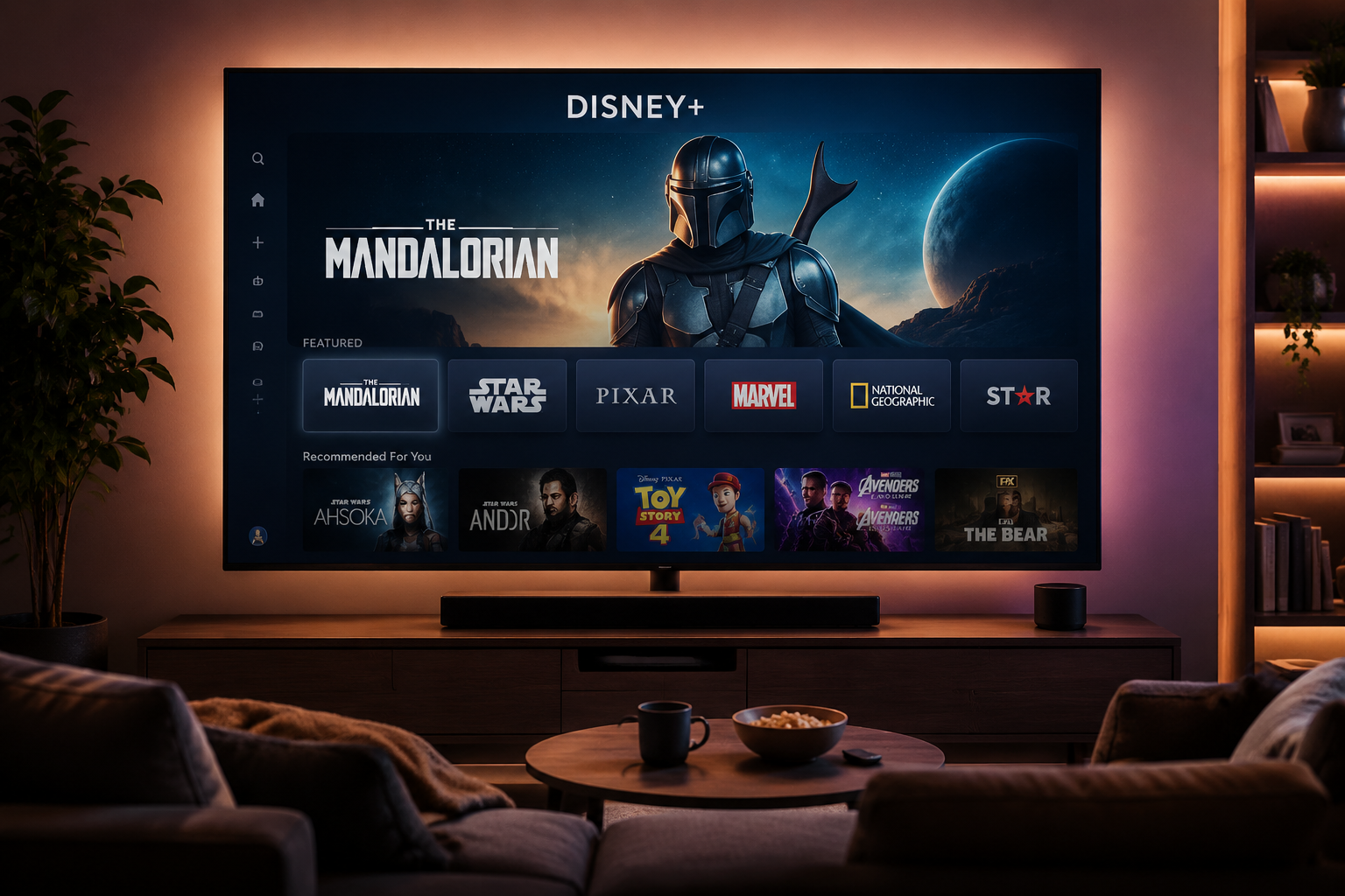 A smart TV in a dim living room showing a sci-fi streaming interface.