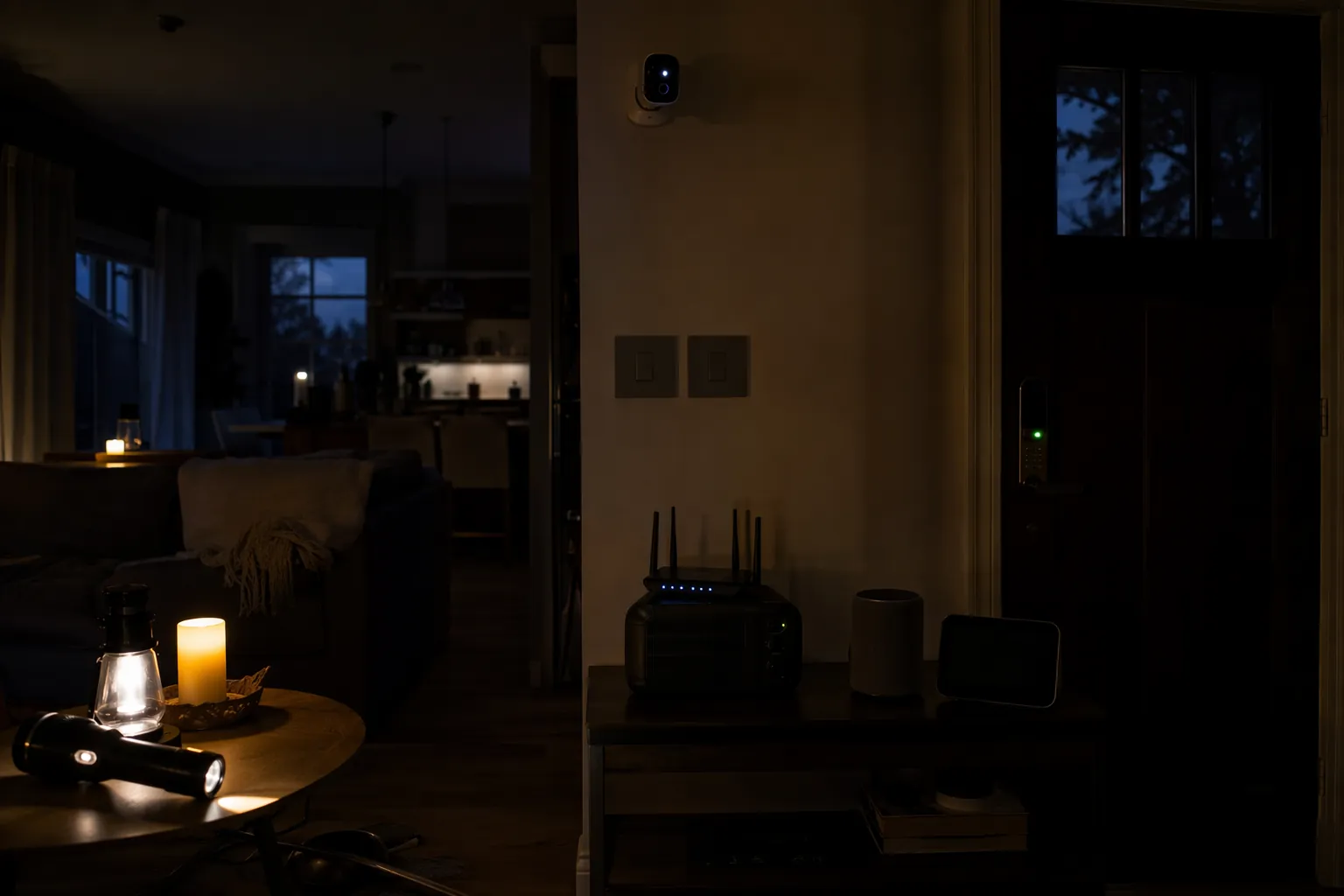 Dim living room during an extended outage with a router on UPS power, a blinking smart lock, and dead smart switches and displays