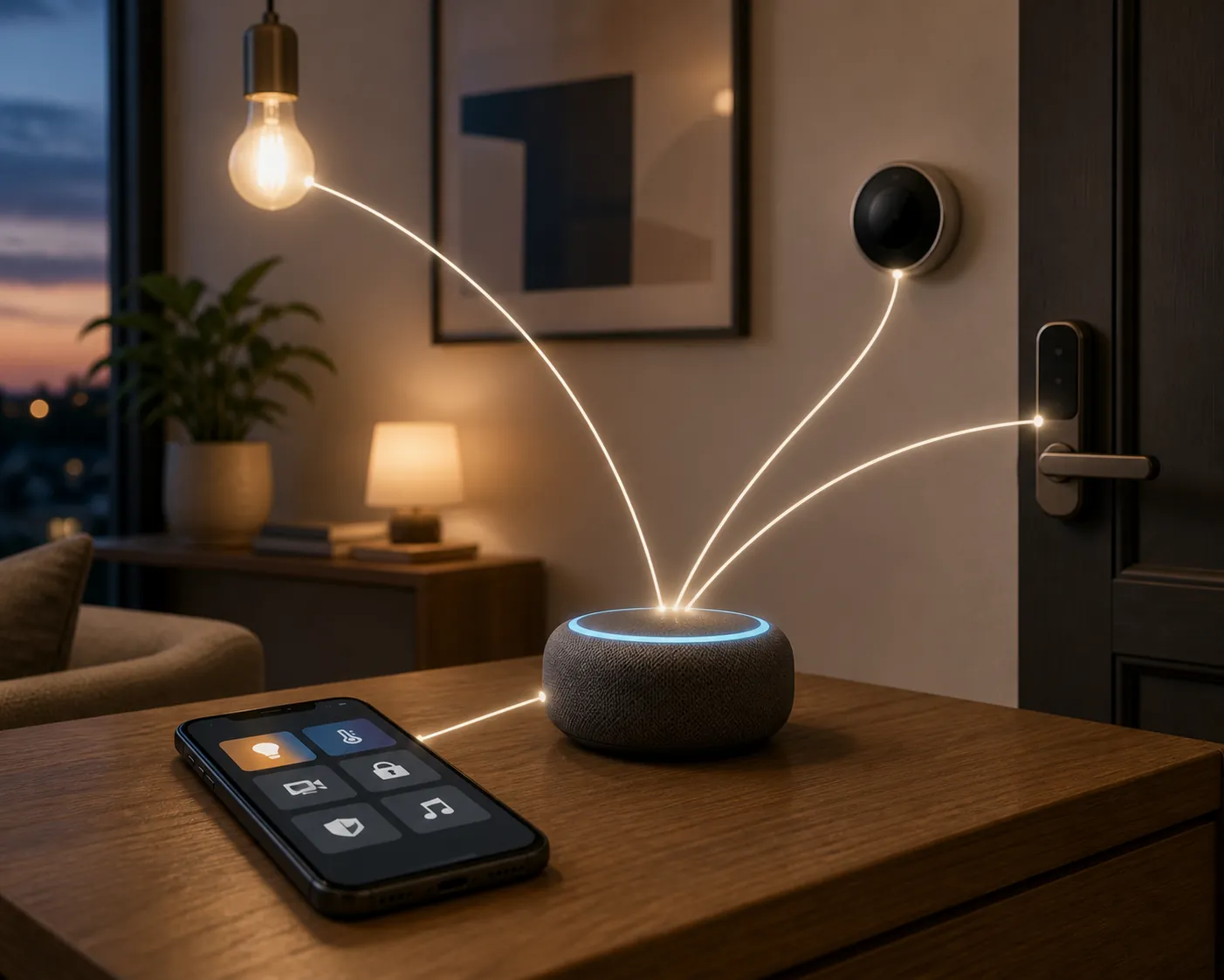 A smartphone and smart speaker on a side table, with the speaker at the center of a smart-home network