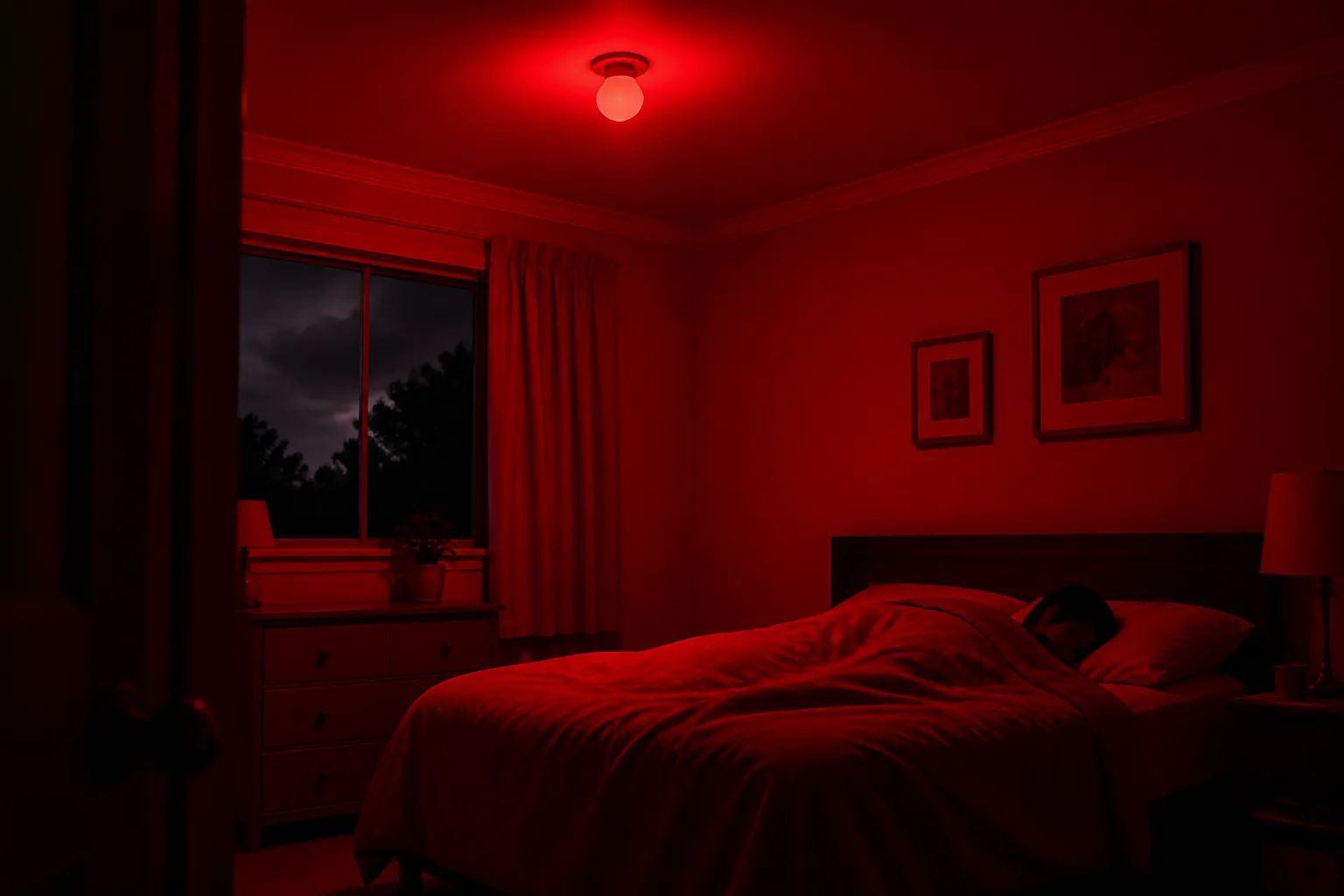 Bedroom at night illuminated by a red smart light as a visual tornado warning