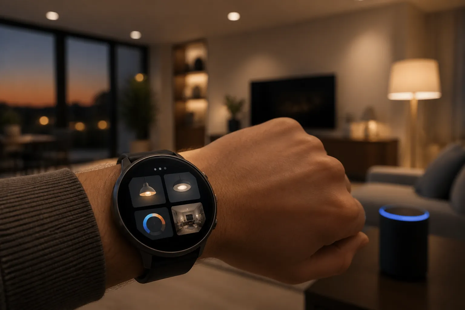 A smartwatch showing smart-home controls for lights, thermostat, and camera in a living room