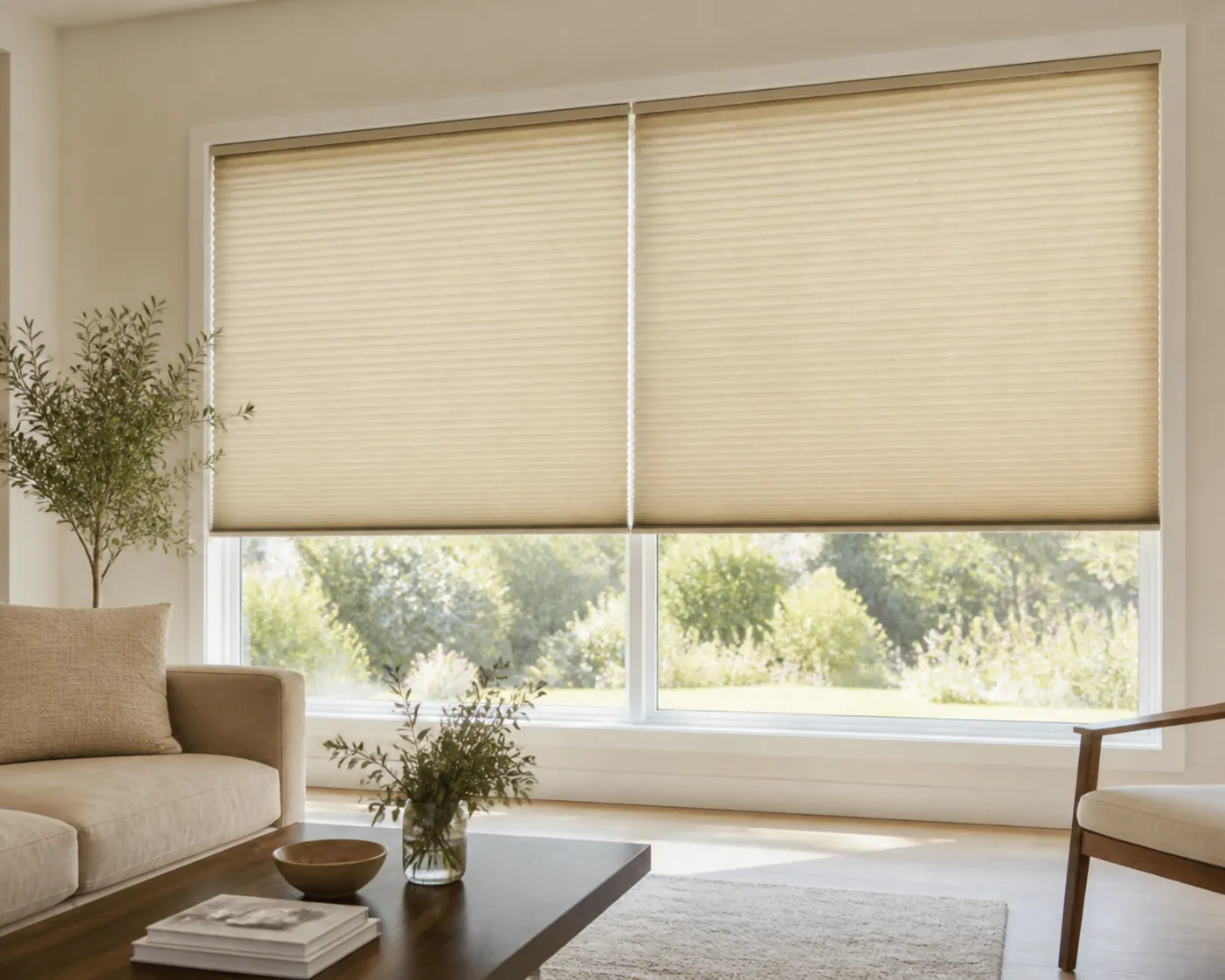 Motorized honeycomb cellular shades filtering sunlight in a bright modern living room