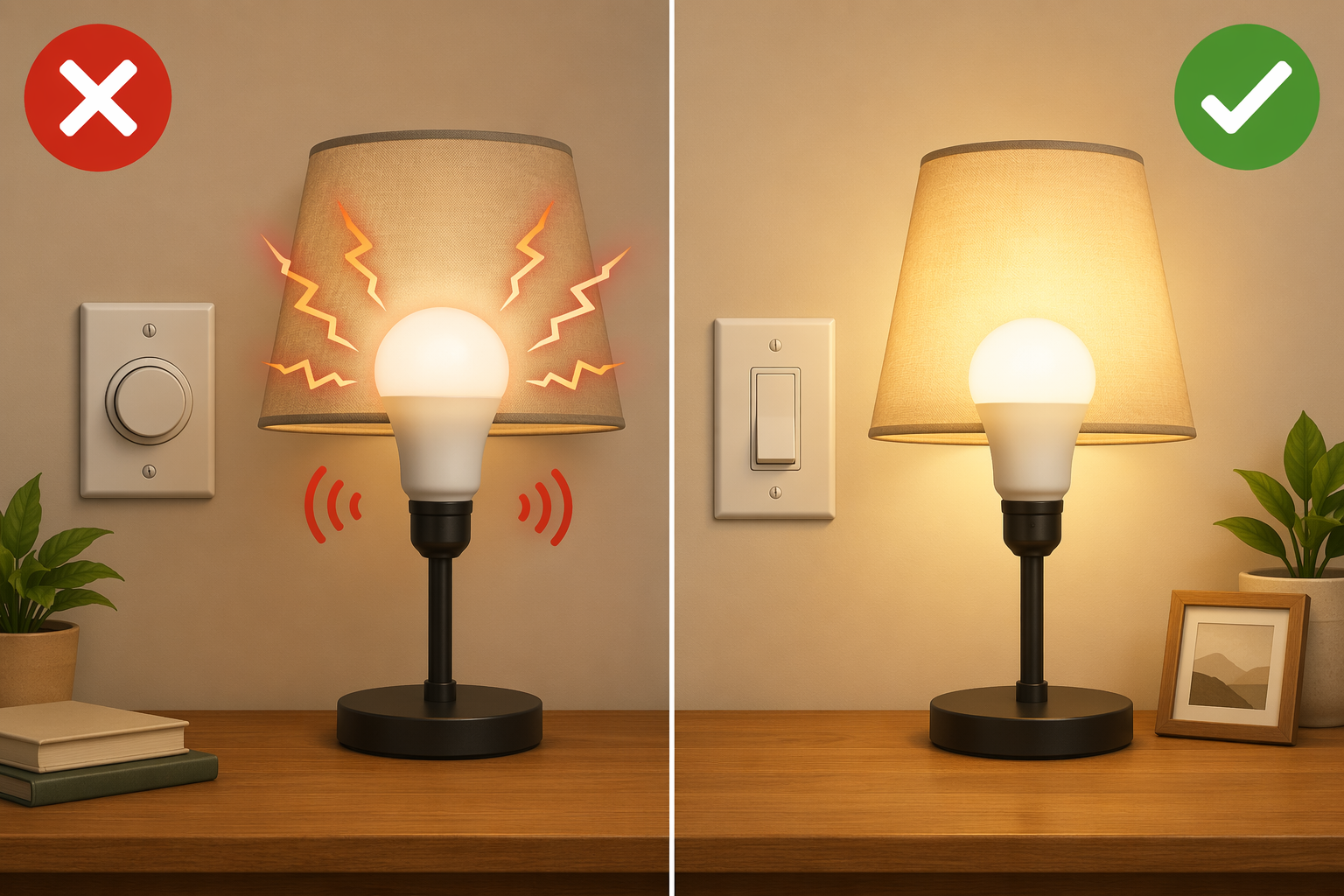 Split comparison: left side shows a smart bulb in a lamp connected to a dimmer switch with red X overlay, flicker lines and buzzing icons. Right side shows a bulb on a standard on‑off switch with smooth steady glow and green checkmark.