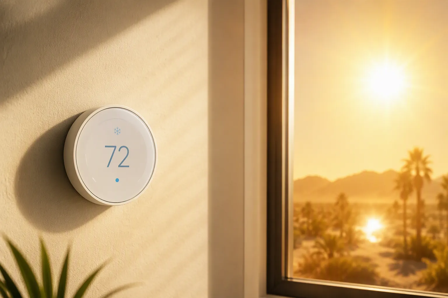 A smart thermostat on a warm interior wall near intense summer sunlight