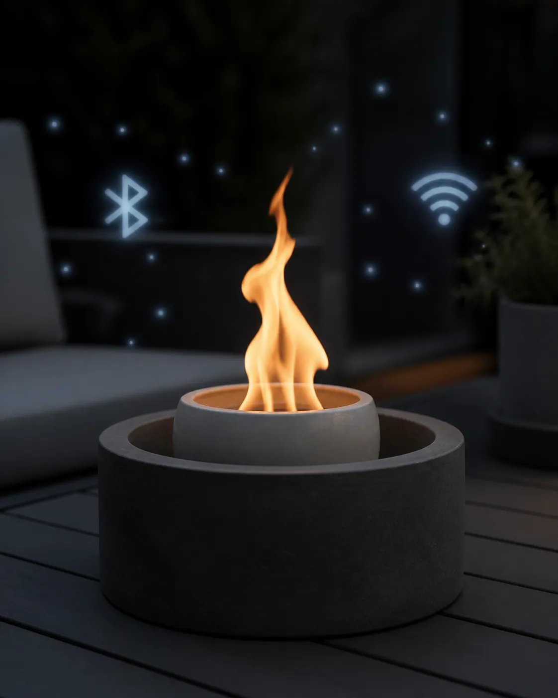 Tabletop fire pit with Bluetooth and Wi-Fi icons floating separately from the flame