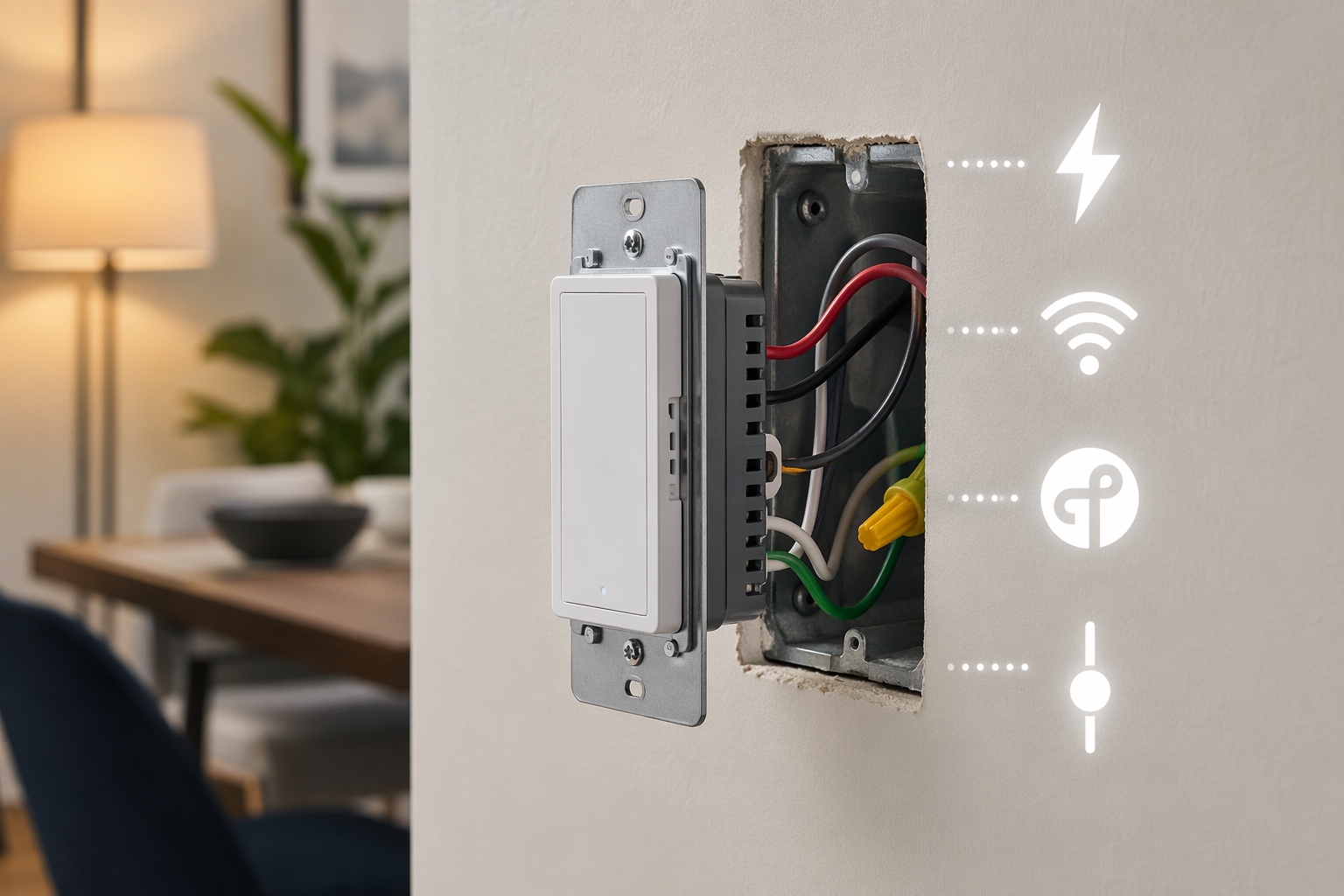 Smart light switch being installed with wiring, Wi-Fi, Thread, power, and dimmer decision icons